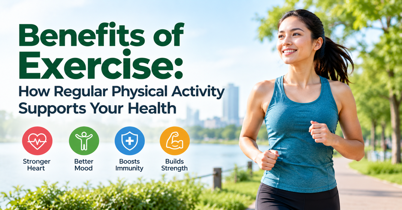 Woman jogging along a sunny waterfront path with icons representing heart health, mood, immunity, and strength.