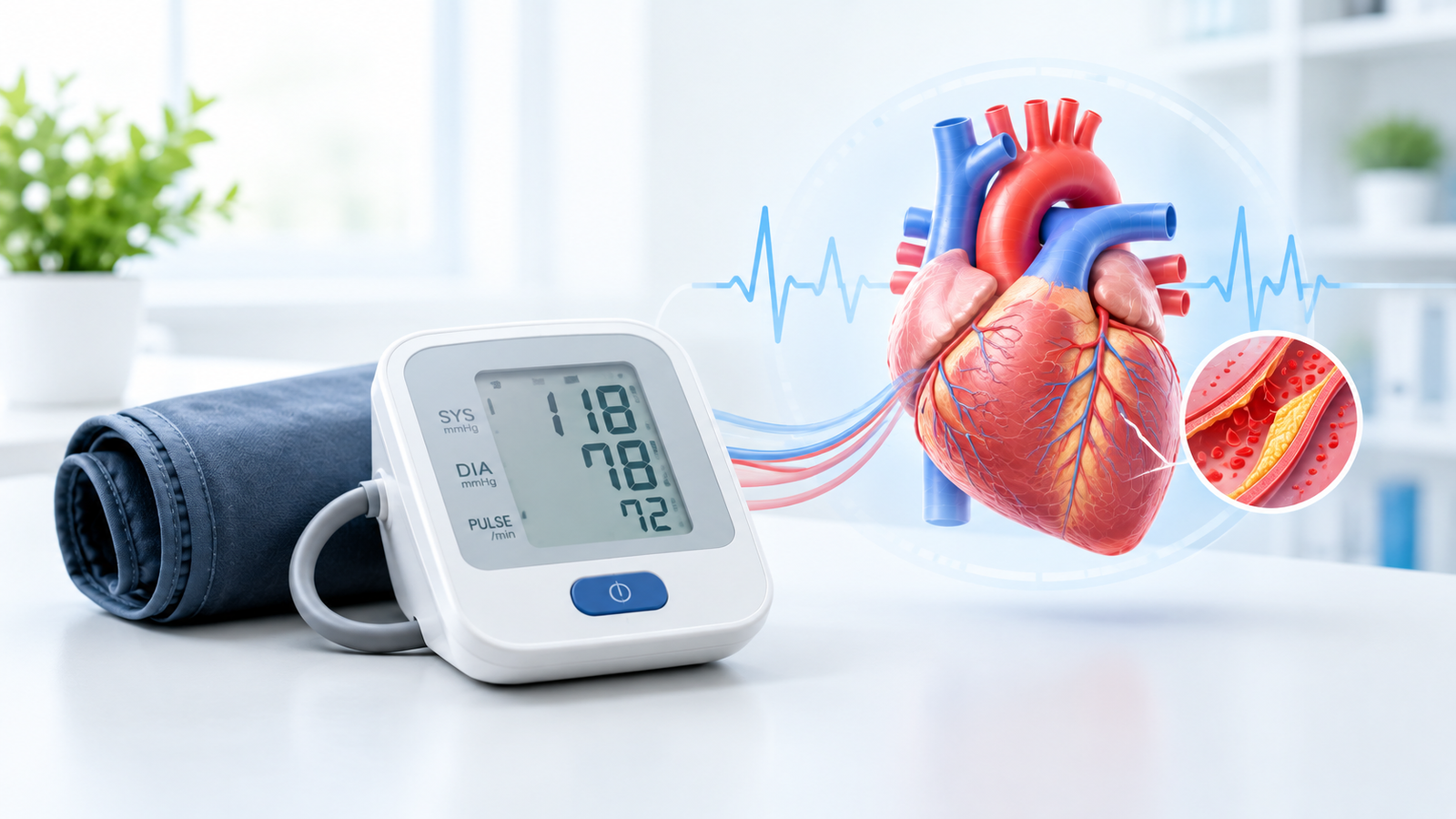 Blood pressure monitor beside a heart illustration representing blood pressure and heart health