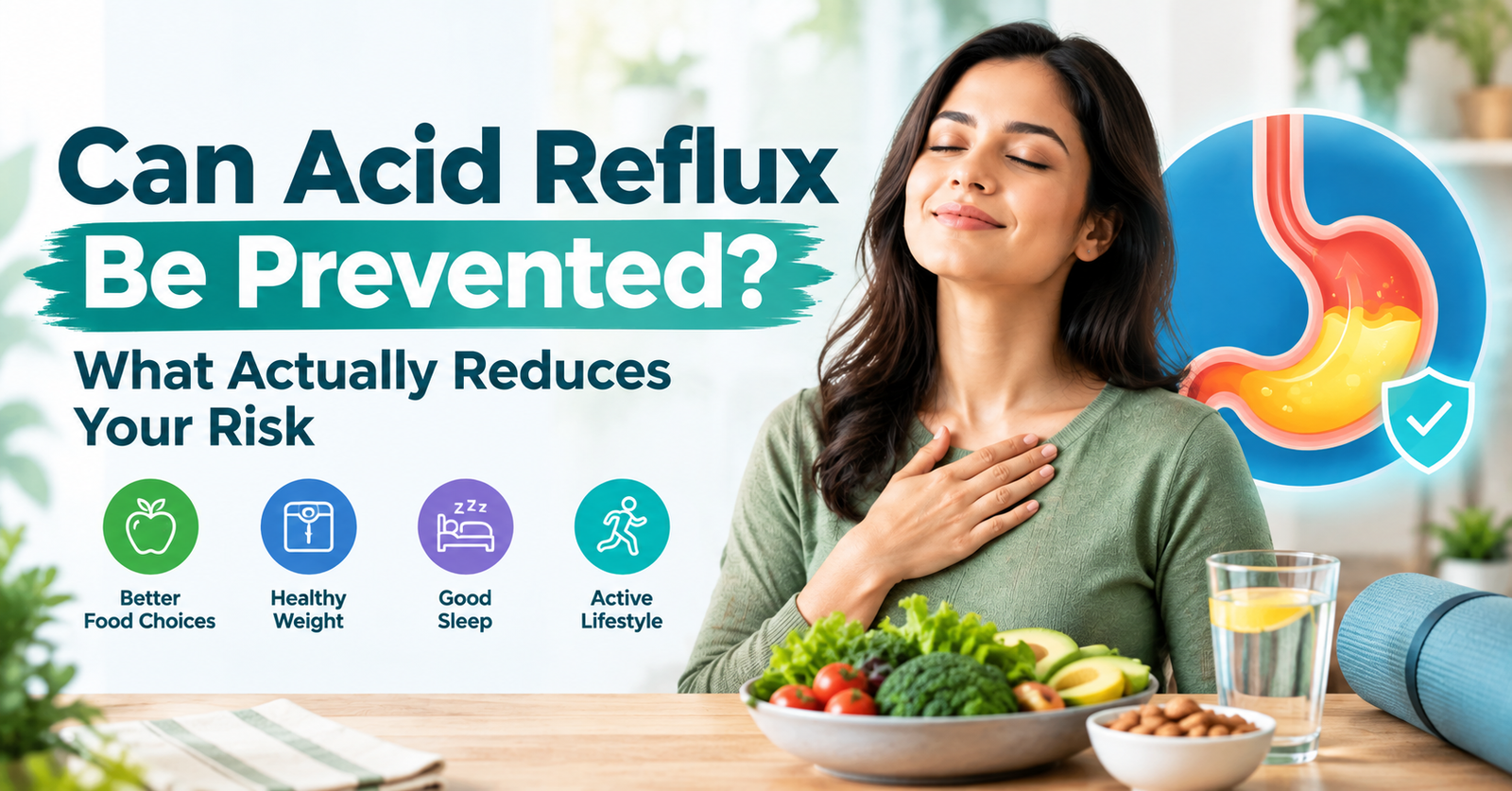 Acid reflux prevention infographic showing healthy lifestyle habits, balanced food choices, good sleep, physical activity, and a stomach illustration.