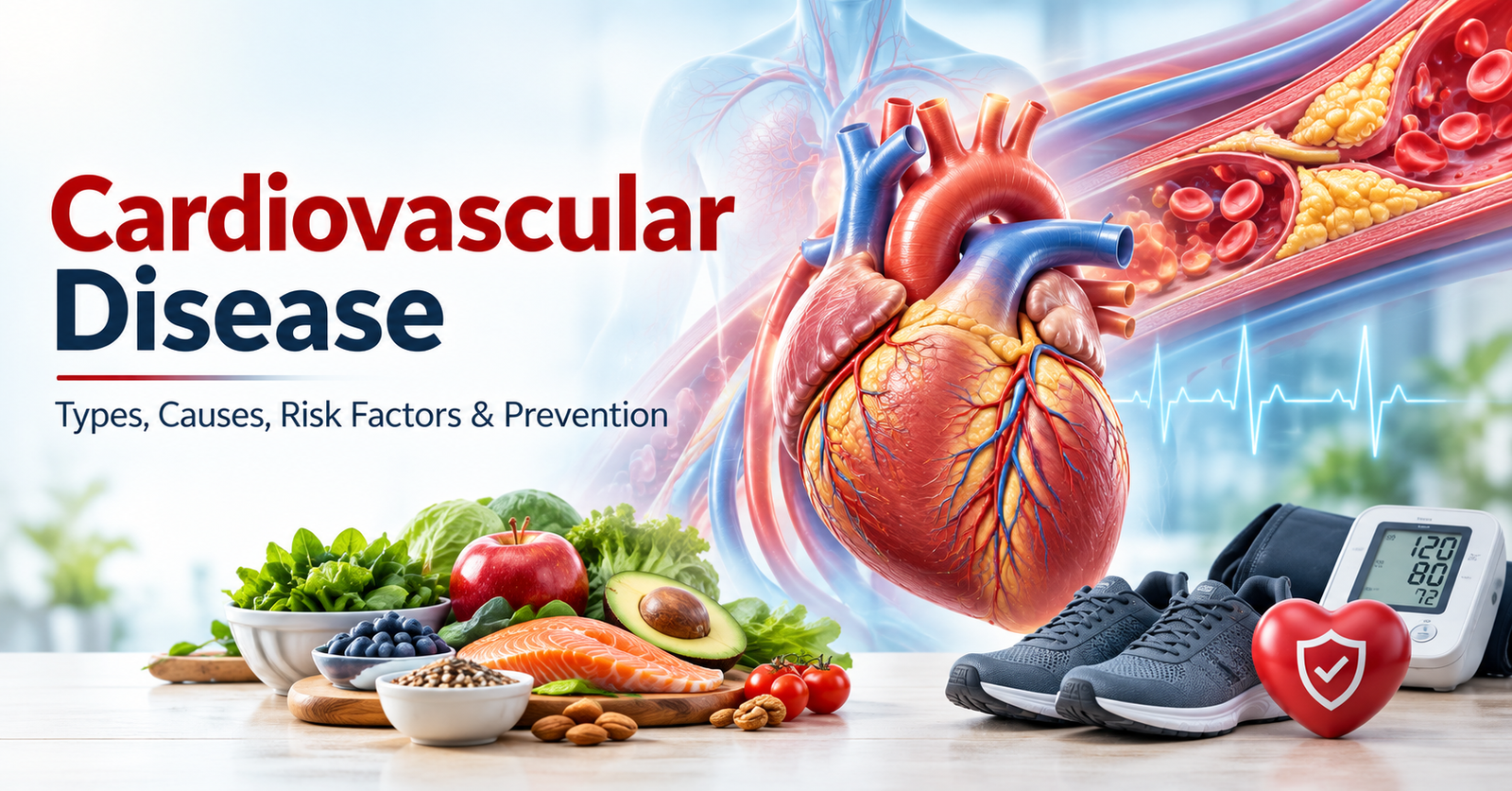 Medical illustration of an anatomical heart with blood vessels, ECG waveform, blood-pressure monitor, heart-healthy foods, walking shoes, and a heart-protection symbol.