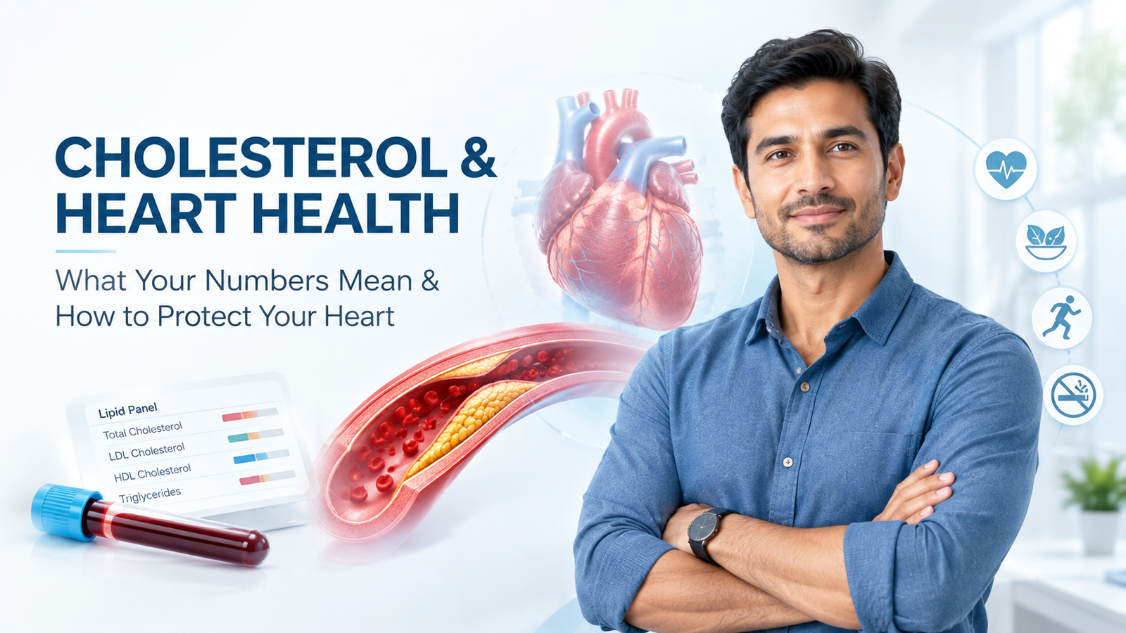 Cholesterol and heart health illustration showing an artery and heart