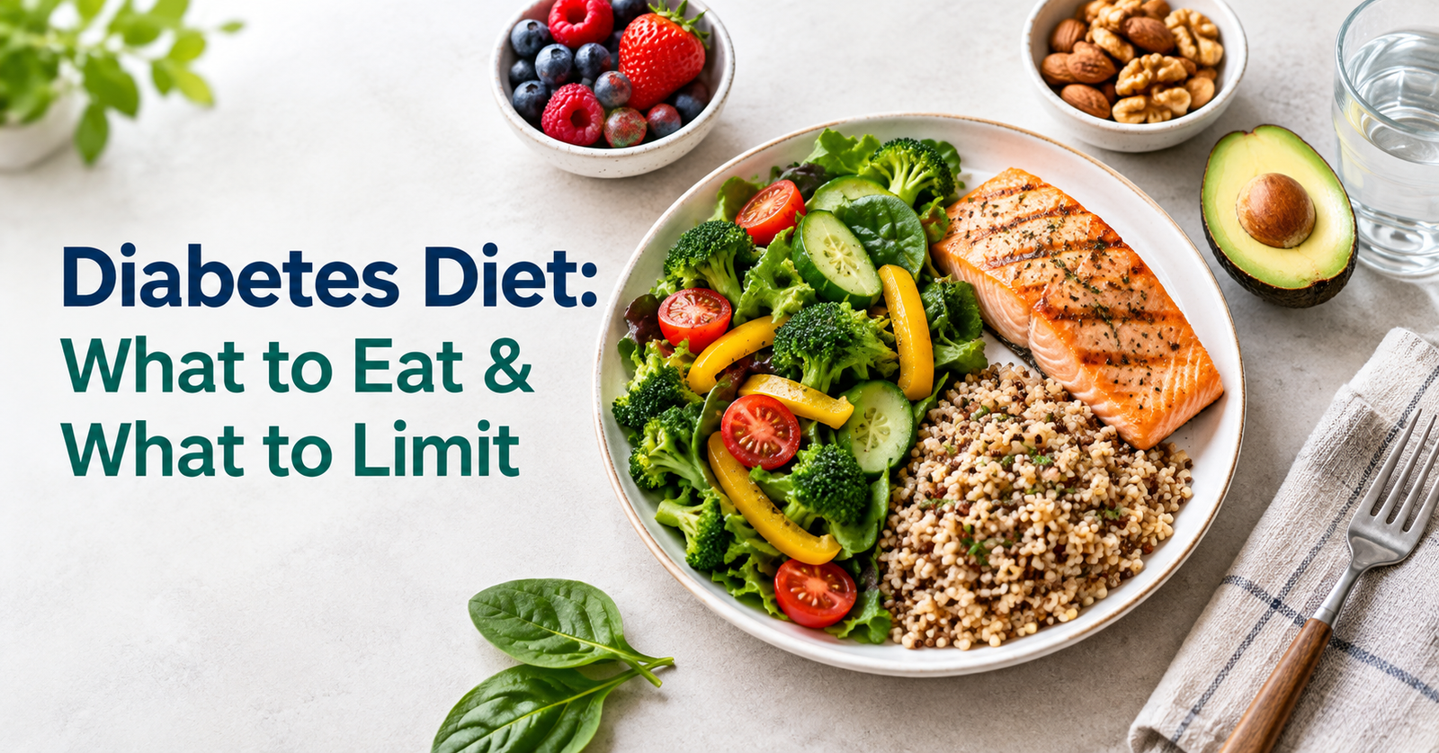 Diabetes-friendly meal with vegetables, protein, and whole grains