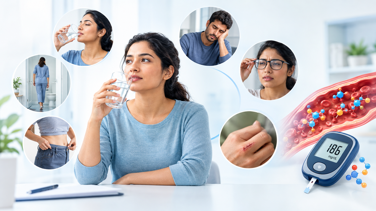 Medical illustration showing common diabetes symptoms and blood glucose testing