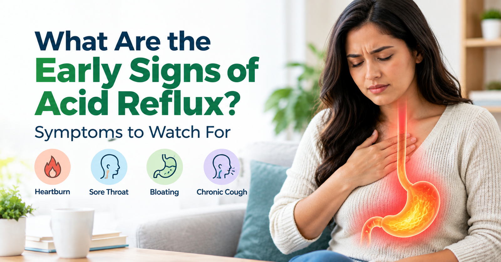 Woman experiencing acid reflux with an illustration of the esophagus and stomach, highlighting common symptoms such as heartburn, sore throat, bloating, and chronic cough.