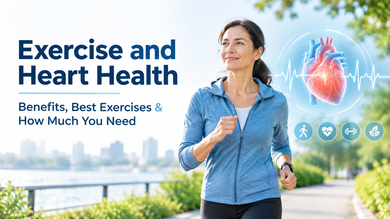 Adult exercising with a subtle heart and ECG illustration