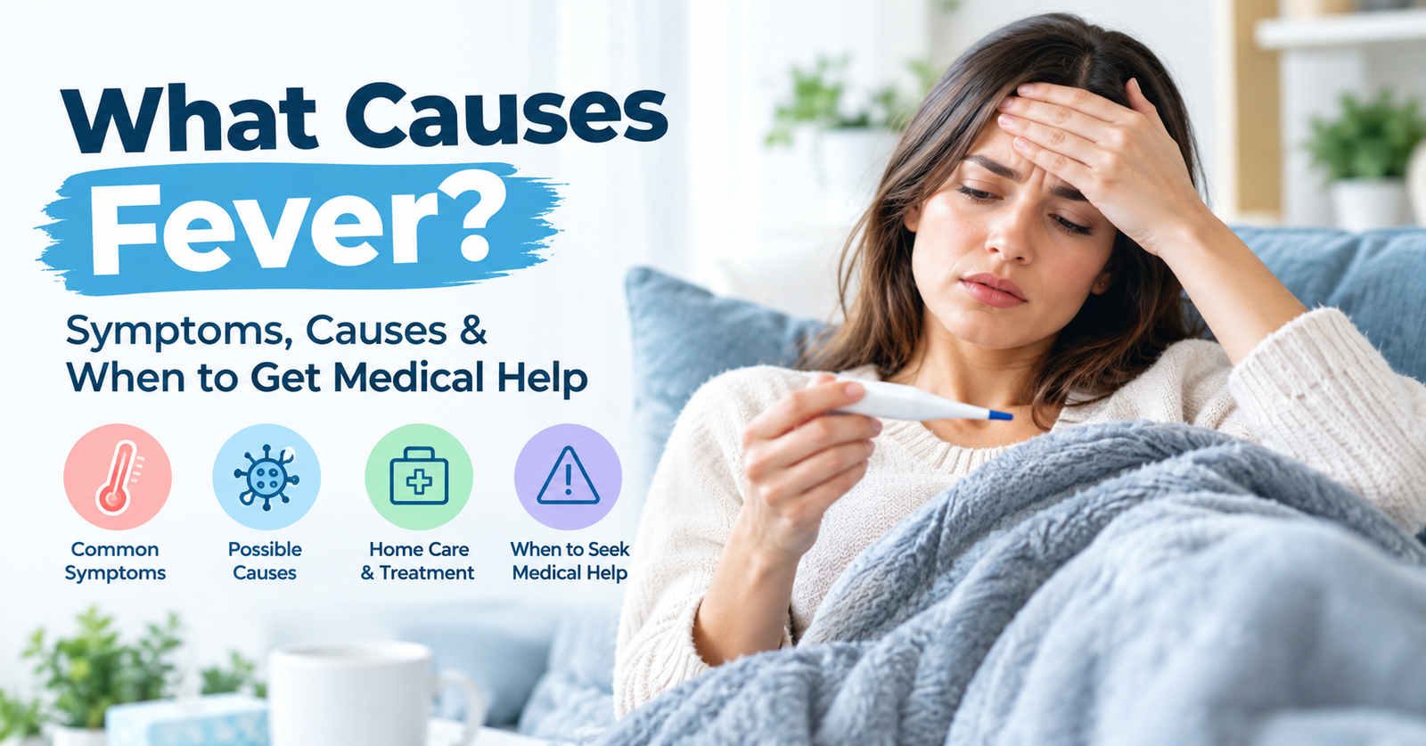 Woman checking her temperature with a thermometer while experiencing fever symptoms