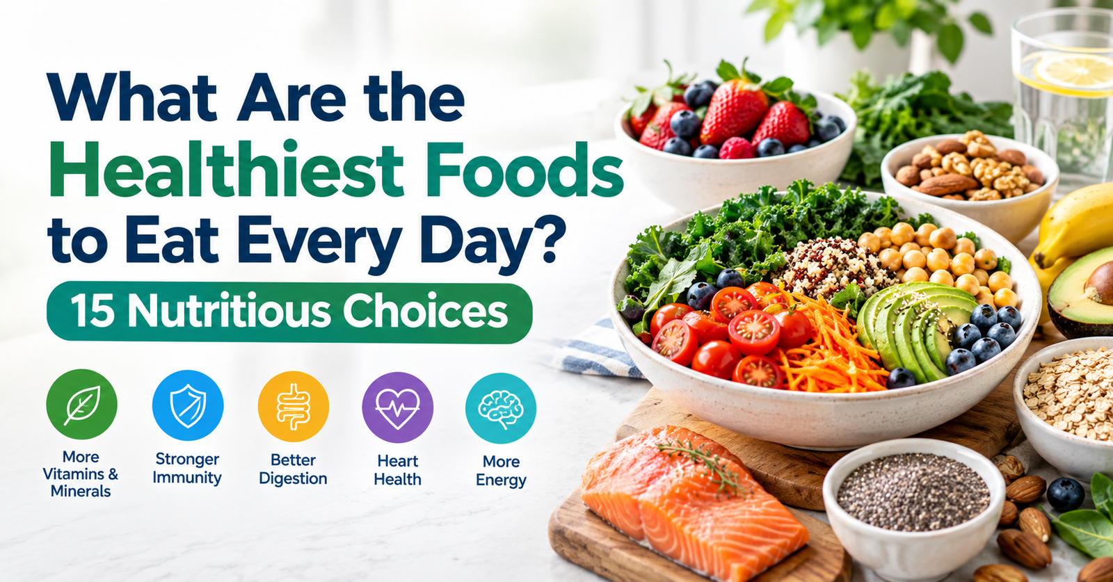 Healthiest foods to eat every day, including vegetables, fruits, whole grains, legumes, nuts, and protein foods