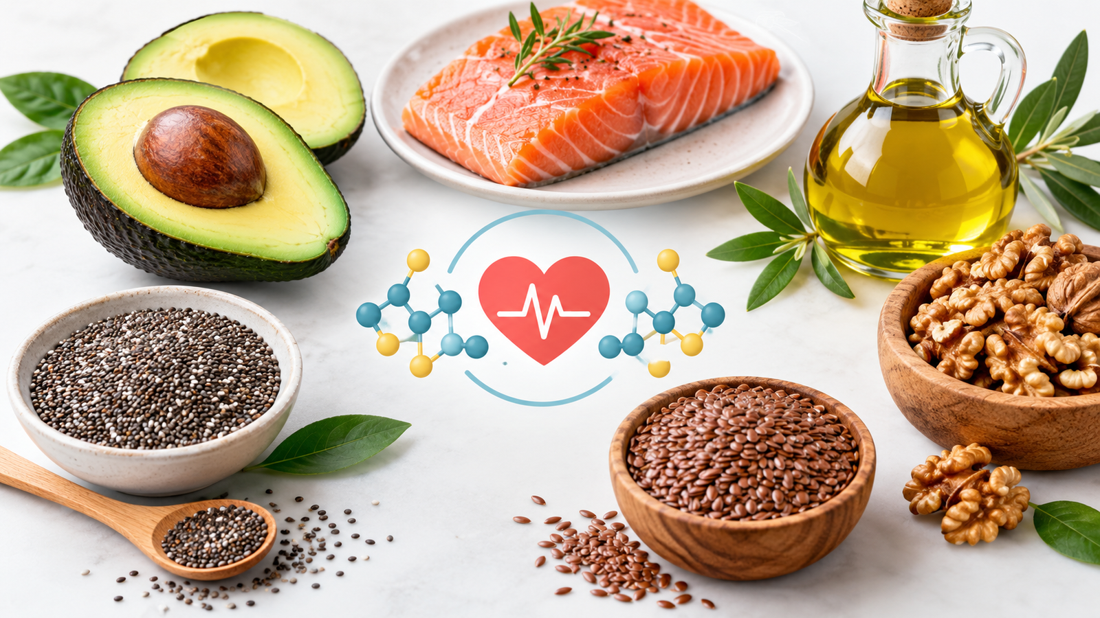 Healthy fat foods including avocado, salmon, walnuts, chia seeds, flaxseeds, and olive oil
