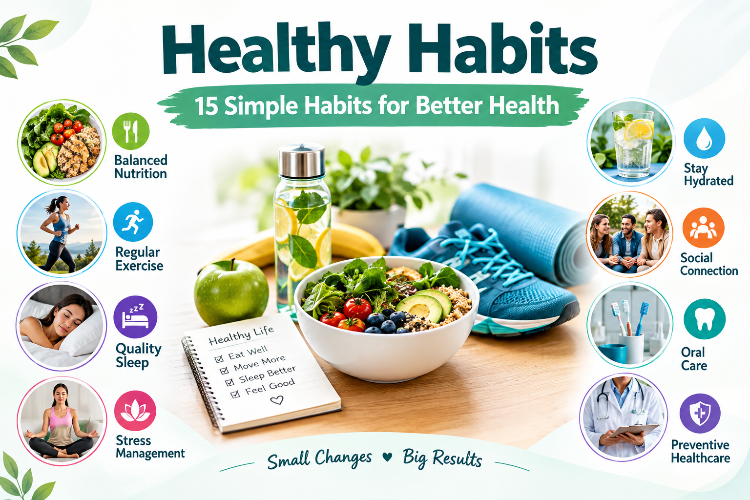 Healthy habits including nutritious eating, physical activity, quality sleep, stress management, and preventive care