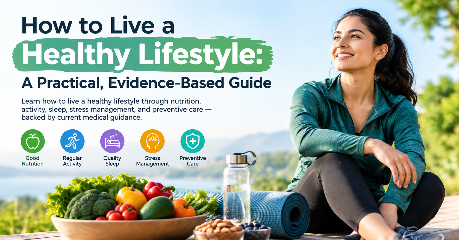 Woman practicing a healthy lifestyle outdoors with fresh vegetables, water, and a yoga mat.