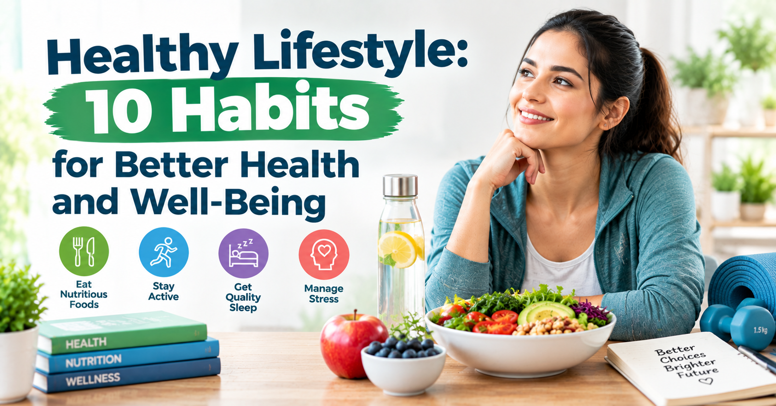 Healthy lifestyle infographic featuring nutritious food, physical activity, quality sleep, stress management, and wellness habits.