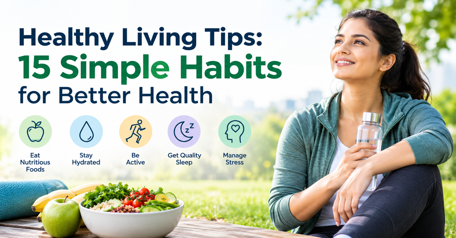 Woman practicing healthy living habits outdoors with nutritious food, water, exercise, quality sleep, and stress management icons.