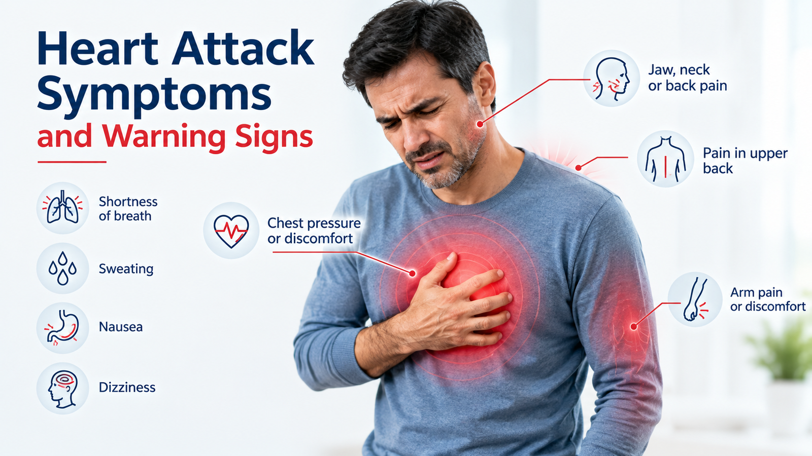 Illustration showing common heart attack symptoms including chest pressure, arm pain, shortness of breath, sweating, and nausea