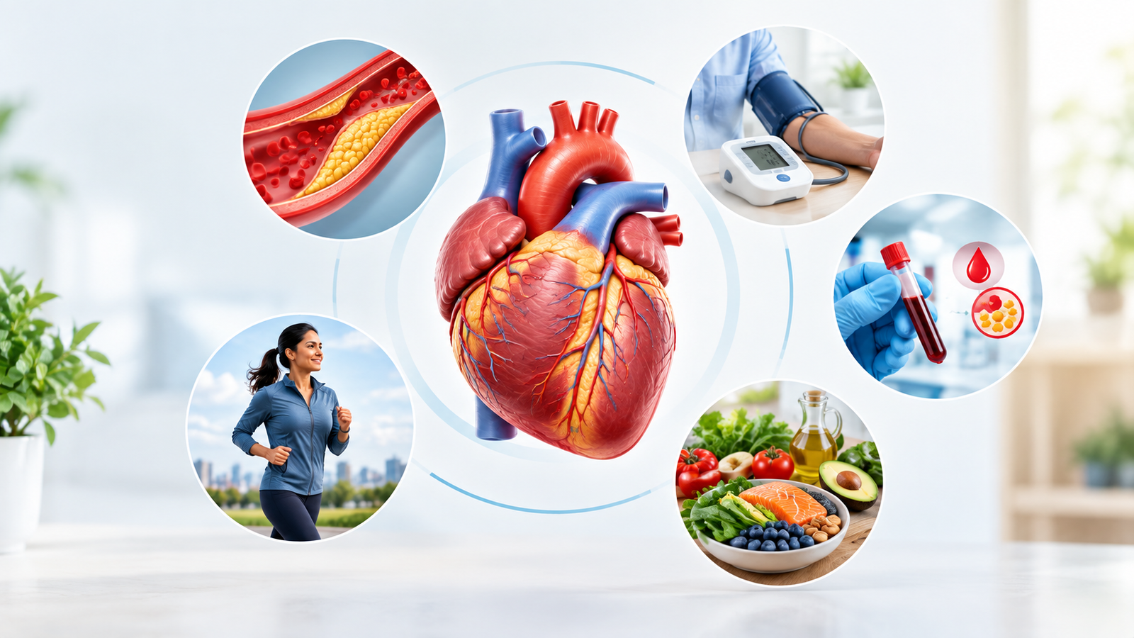 Illustration of a healthy human heart with cardiovascular health symbols representing heart disease causes, symptoms, types, and risk factors.