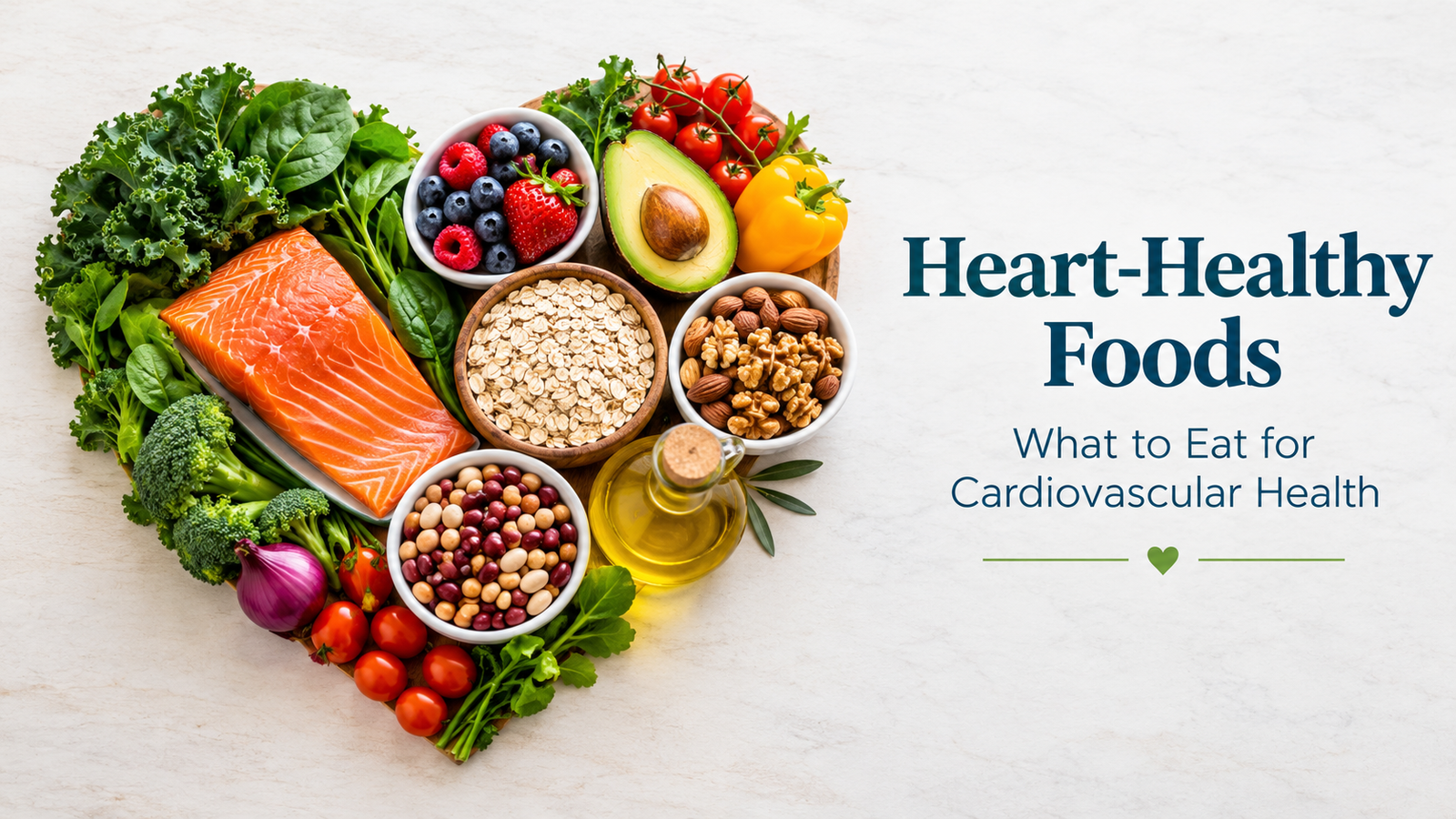 Heart-healthy foods including salmon, leafy greens, berries, avocado, whole grains, and nuts