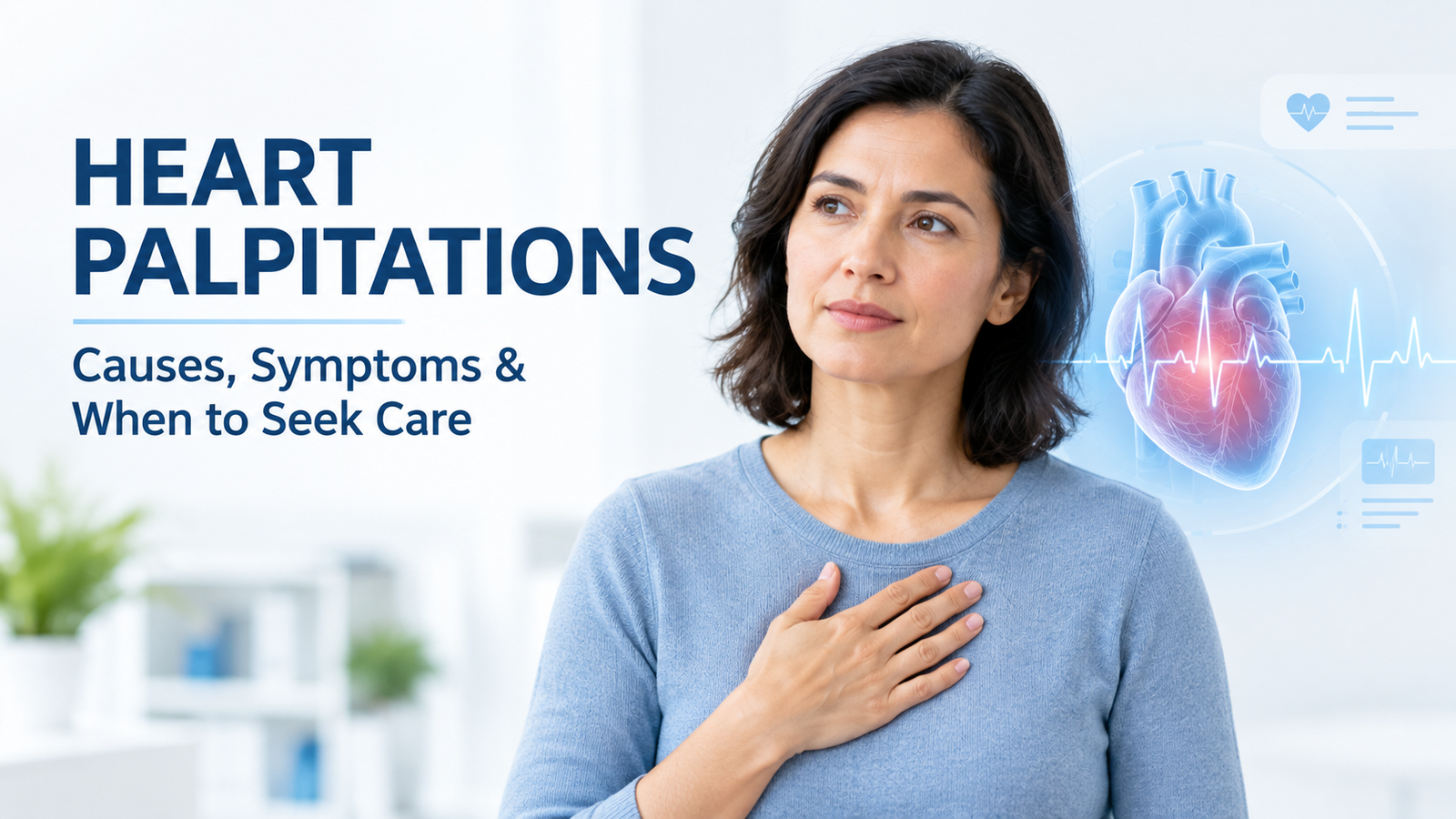 Person experiencing heart palpitations with heart and ECG illustration