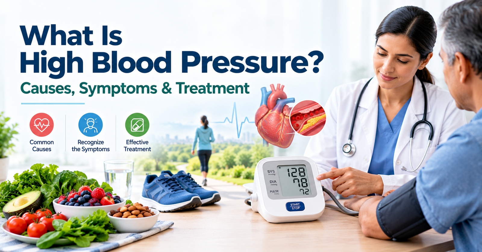 Digital blood pressure monitor beside a healthy heart illustration representing high blood pressure and cardiovascular health.