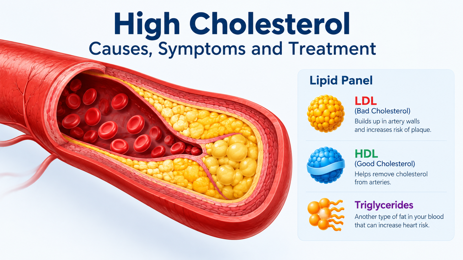 Medical illustration showing cholesterol buildup in an artery and LDL, HDL, and triglycerides