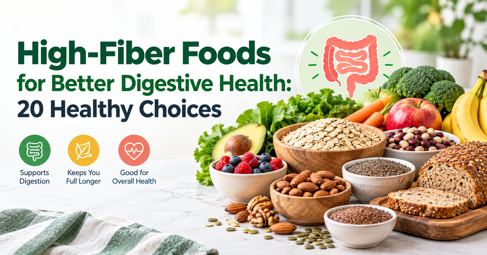 High-fiber foods including oats, beans, berries, avocado, vegetables, nuts, seeds, bananas, and whole-grain bread arranged with a digestive health illustration.