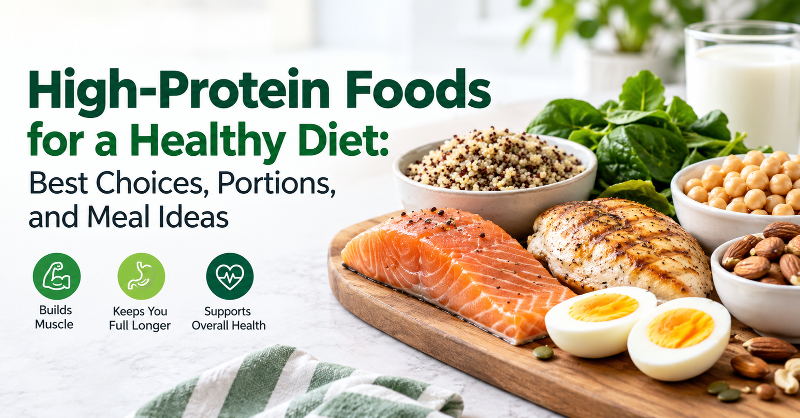 High-protein foods including salmon, grilled chicken, eggs, chickpeas, quinoa, nuts, leafy greens, and milk arranged on a wooden board.
