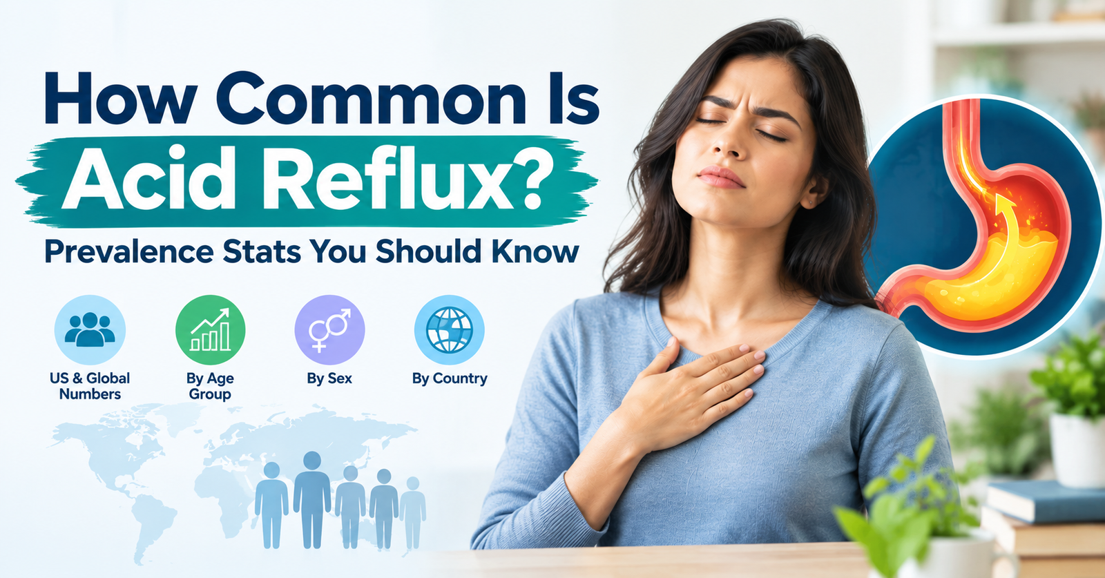Infographic showing how common acid reflux is, with global, age, sex, and country statistics alongside a stomach illustration.