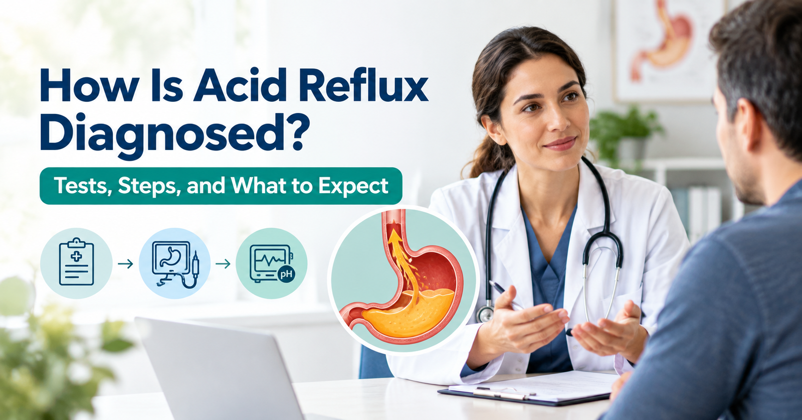 Doctor discussing acid reflux diagnosis with a patient, alongside a stomach illustration showing acid flowing into the esophagus and diagnostic test icons.
