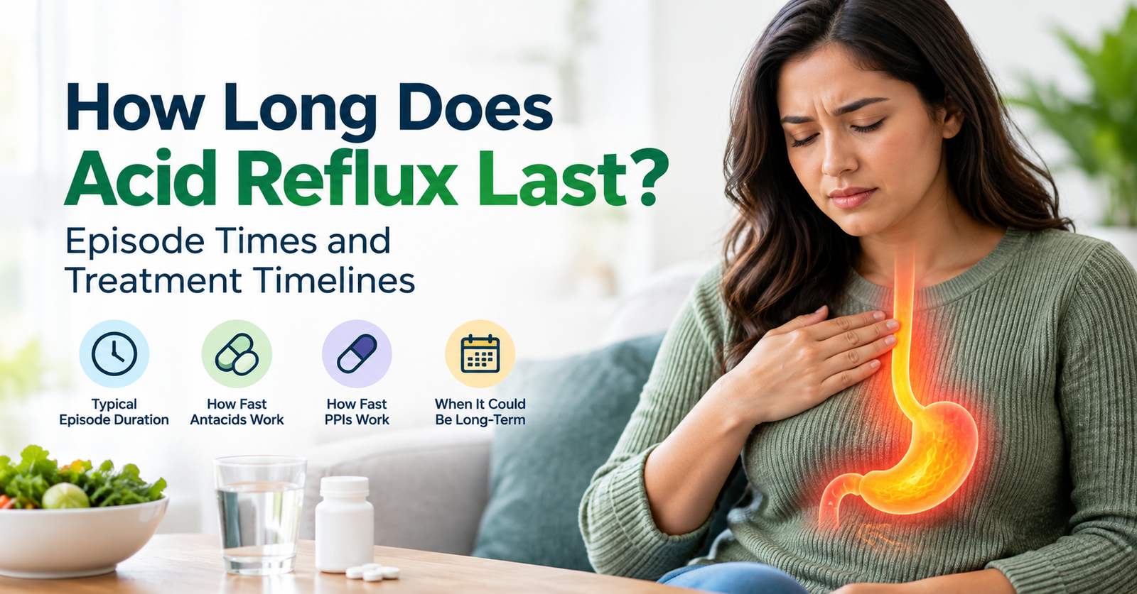 Woman experiencing acid reflux with an illustration of the esophagus and stomach, alongside information about episode duration and treatment timelines.