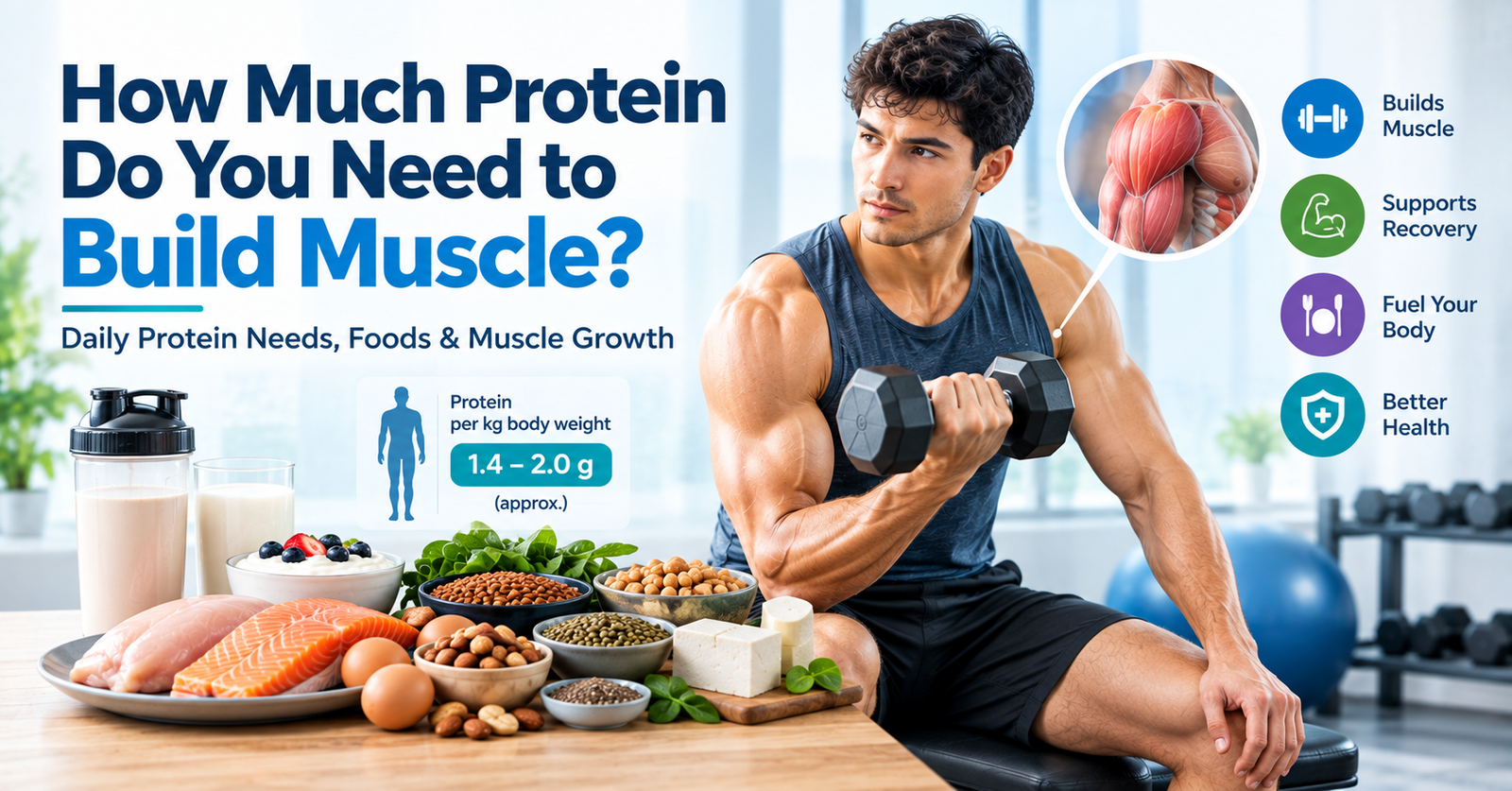 Protein-rich foods and strength training equipment representing daily protein needs for building muscle.