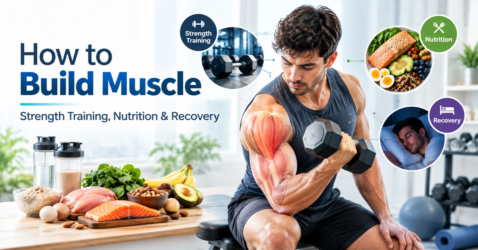 Person performing strength training with visual elements representing muscle growth, protein, exercise, and recovery.
