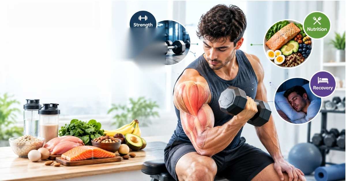 Beginner performing strength training to build muscle with nutrition and recovery