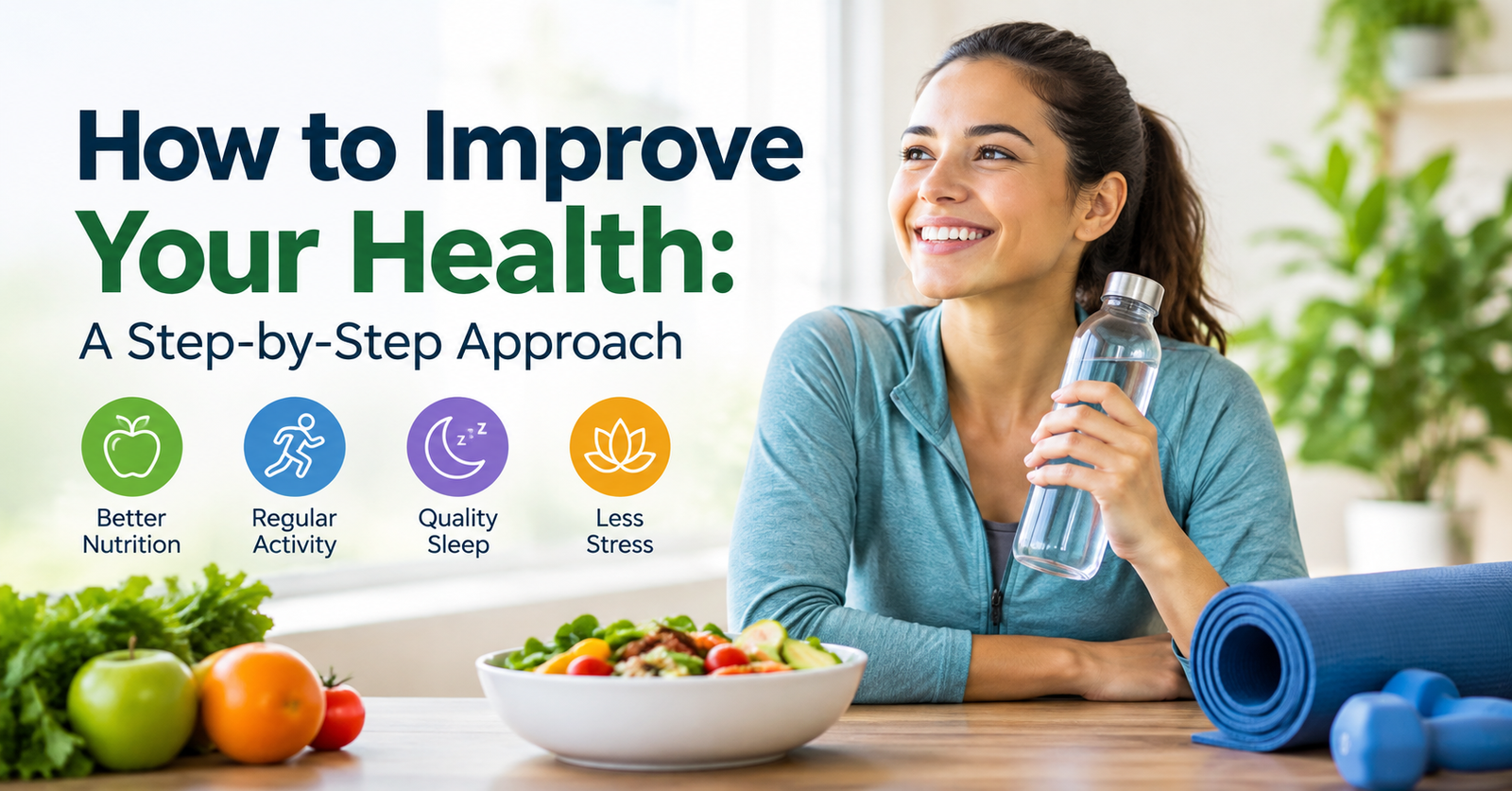Woman holding a water bottle with healthy food, exercise equipment, and wellness icons representing nutrition, physical activity, sleep, and stress management.