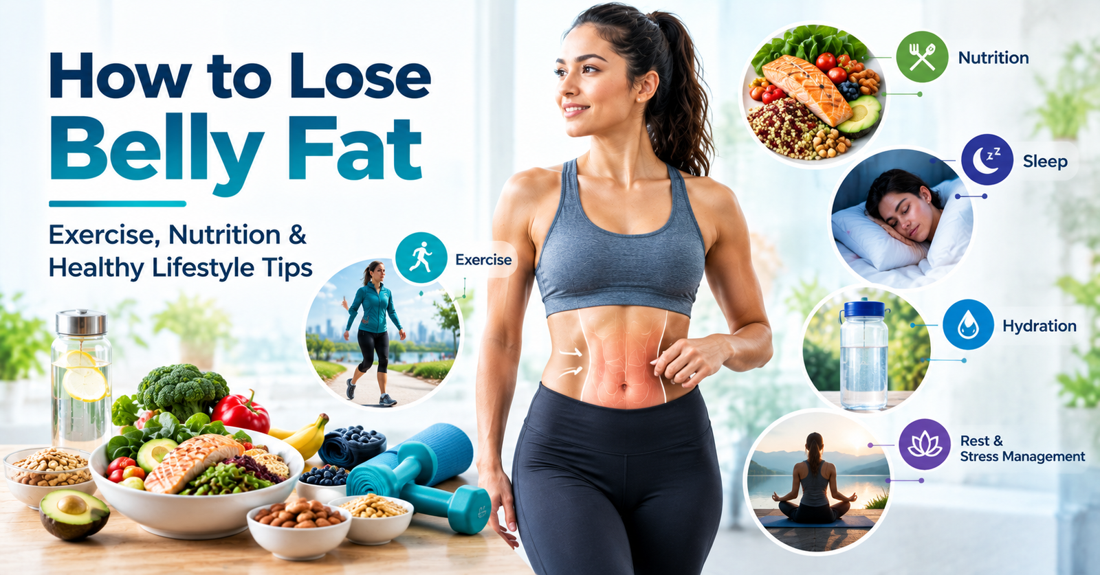 Medical fitness illustration showing exercise, healthy foods, and lifestyle habits that support reducing excess abdominal fat.