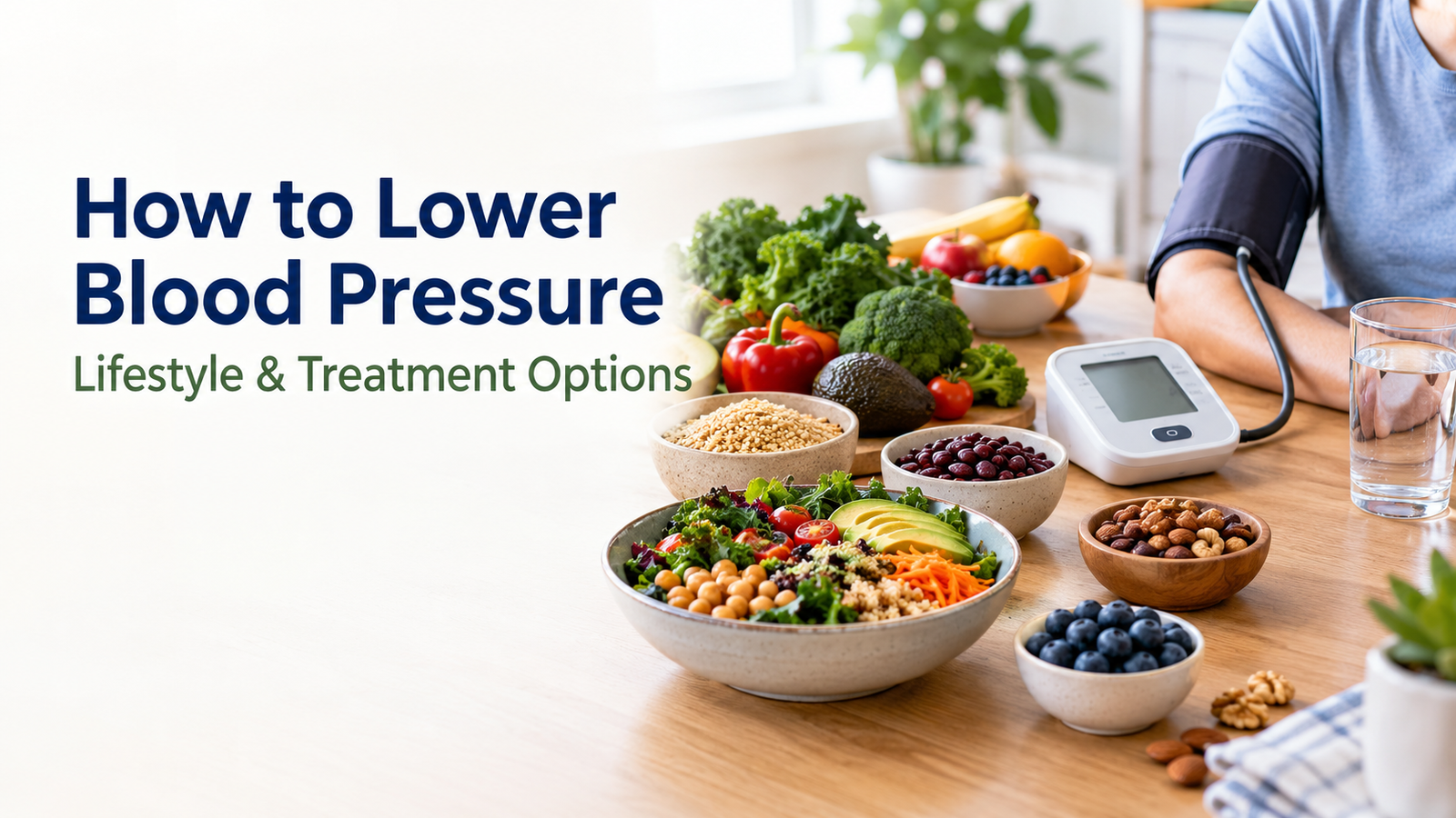 Heart-healthy foods and a home blood pressure monitor representing ways to lower blood pressure
