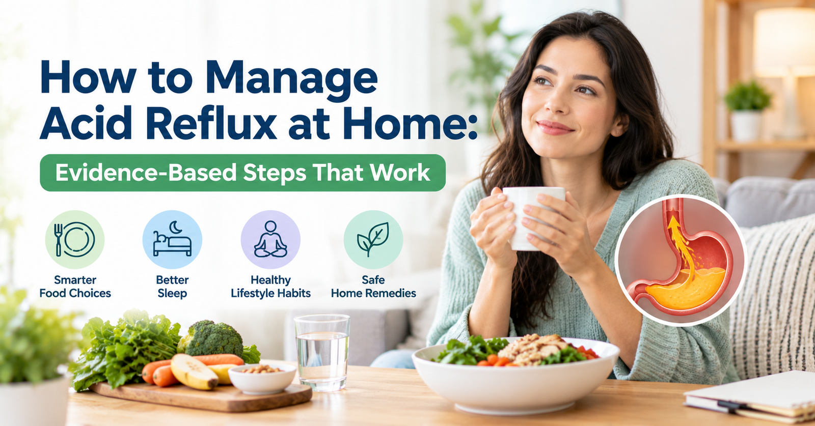 Woman at home with a healthy meal and drink, alongside illustrations highlighting food choices, better sleep, lifestyle habits, and acid reflux management.
