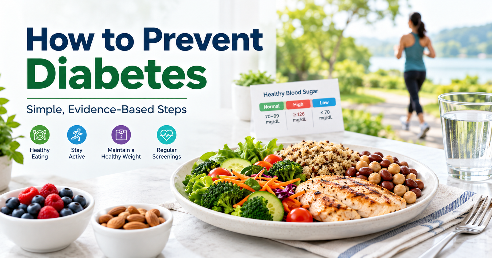 Healthy foods, water, and physical activity representing practical ways to help prevent type 2 diabetes.