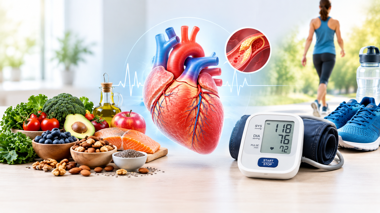 Healthy heart with heart-healthy lifestyle elements representing heart disease prevention
