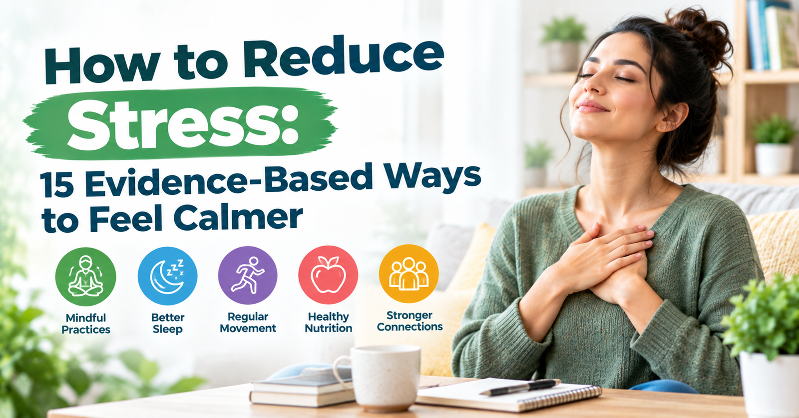 Woman practicing a calming mindfulness exercise with icons representing sleep, movement, nutrition, and social connection.