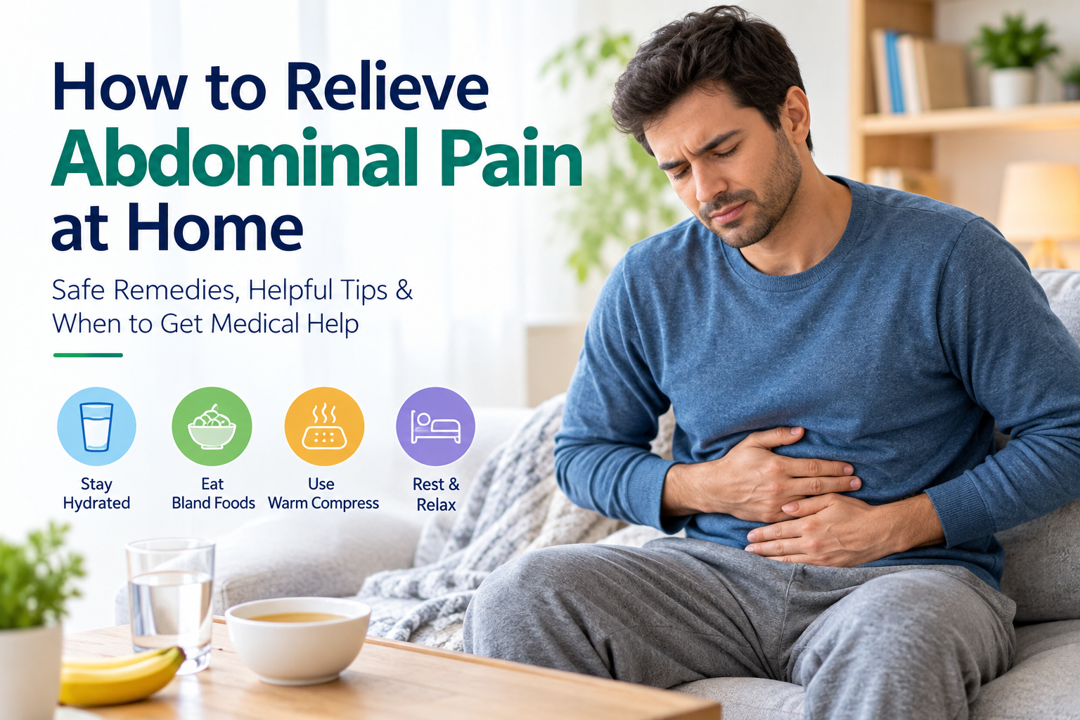 Man experiencing abdominal pain at home with tips for hydration, bland foods, warmth, and rest.
