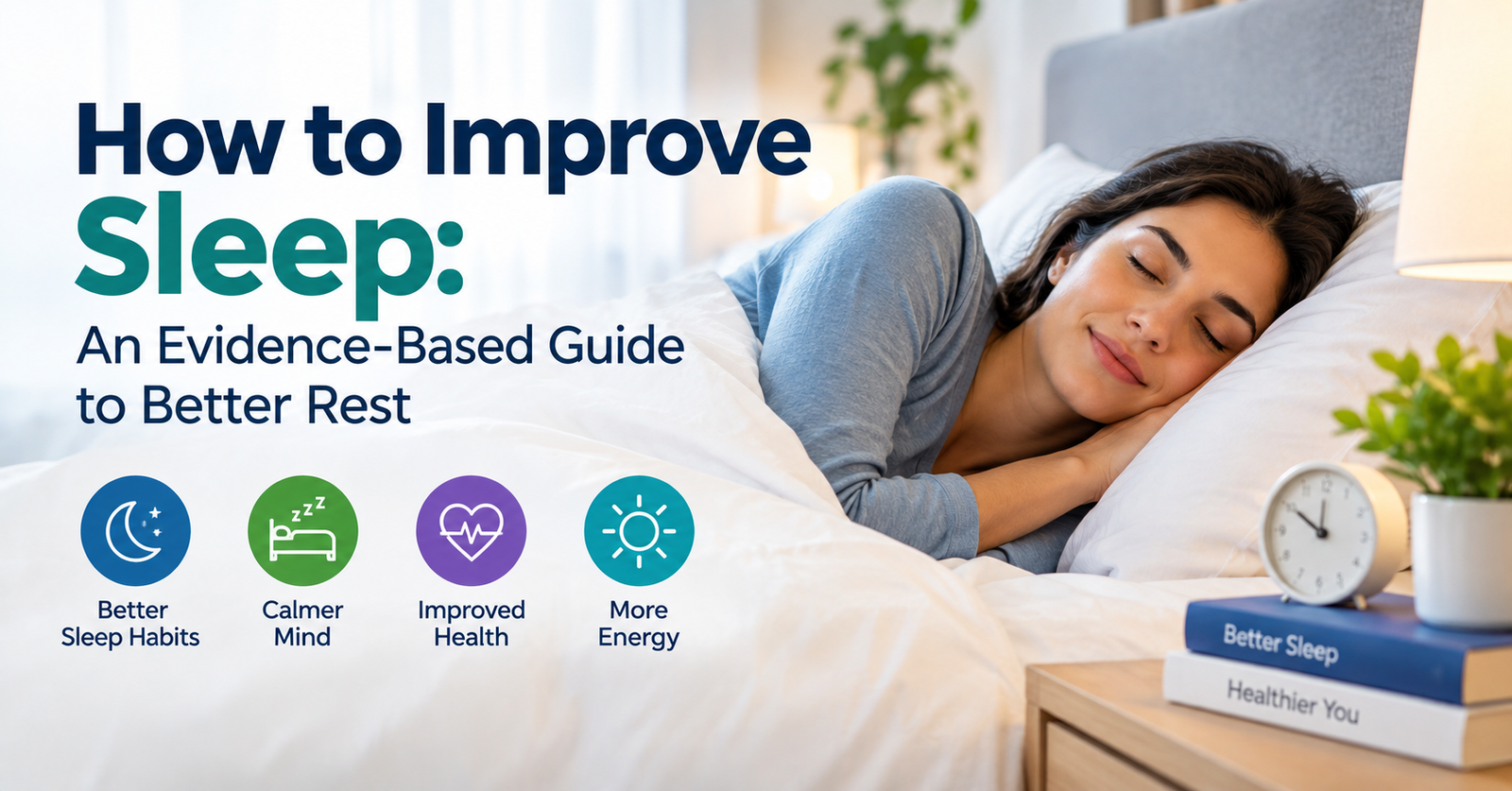 Woman sleeping peacefully in a cozy bedroom beside an alarm clock, with icons representing better sleep habits, a calmer mind, improved health, and more energy.