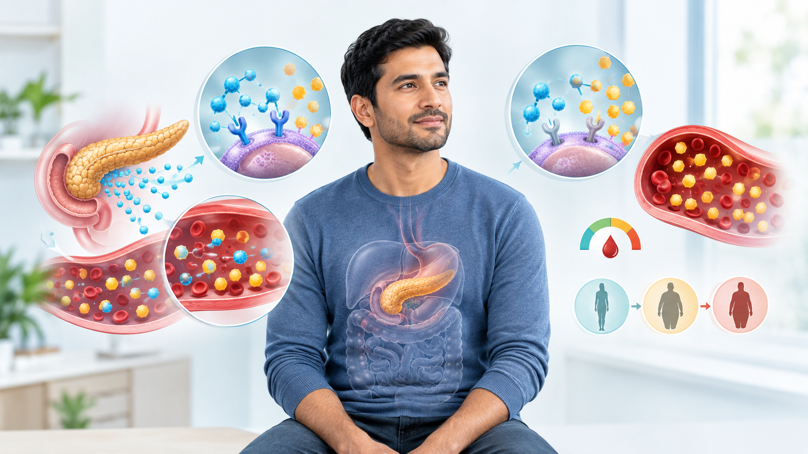 Medical illustration showing insulin resistance, blood glucose, and diabetes risk
