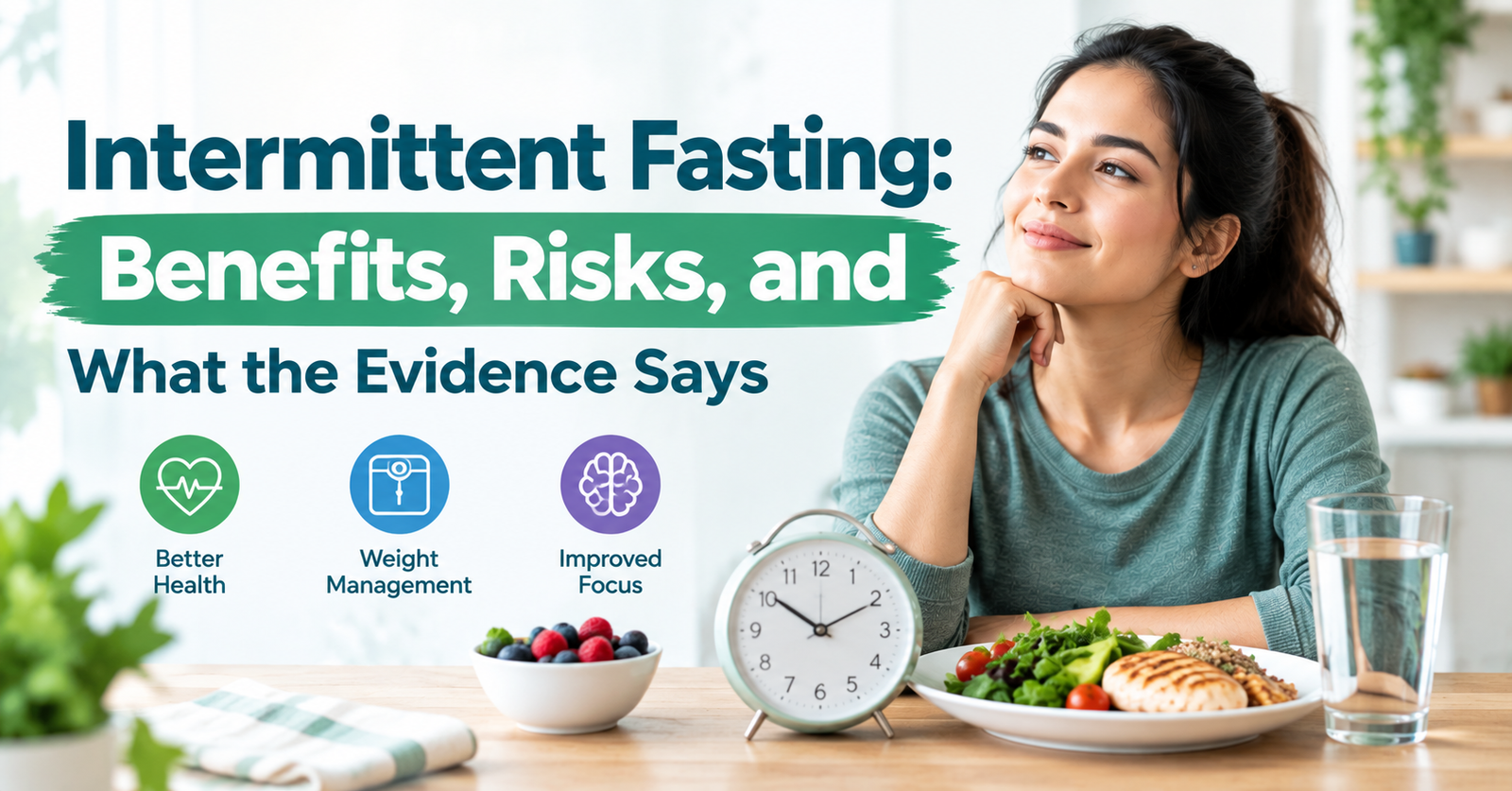 Intermittent fasting infographic showing a healthy meal, fasting schedule clock, and icons representing potential benefits and evidence-based considerations.