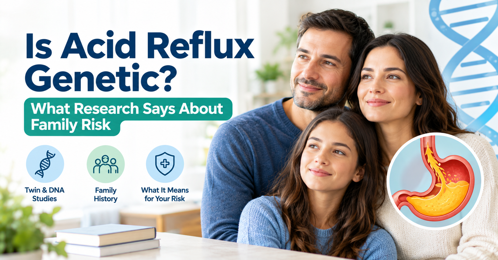 Family pictured beside a DNA illustration and stomach graphic, highlighting research into genetic and family risk factors for acid reflux.