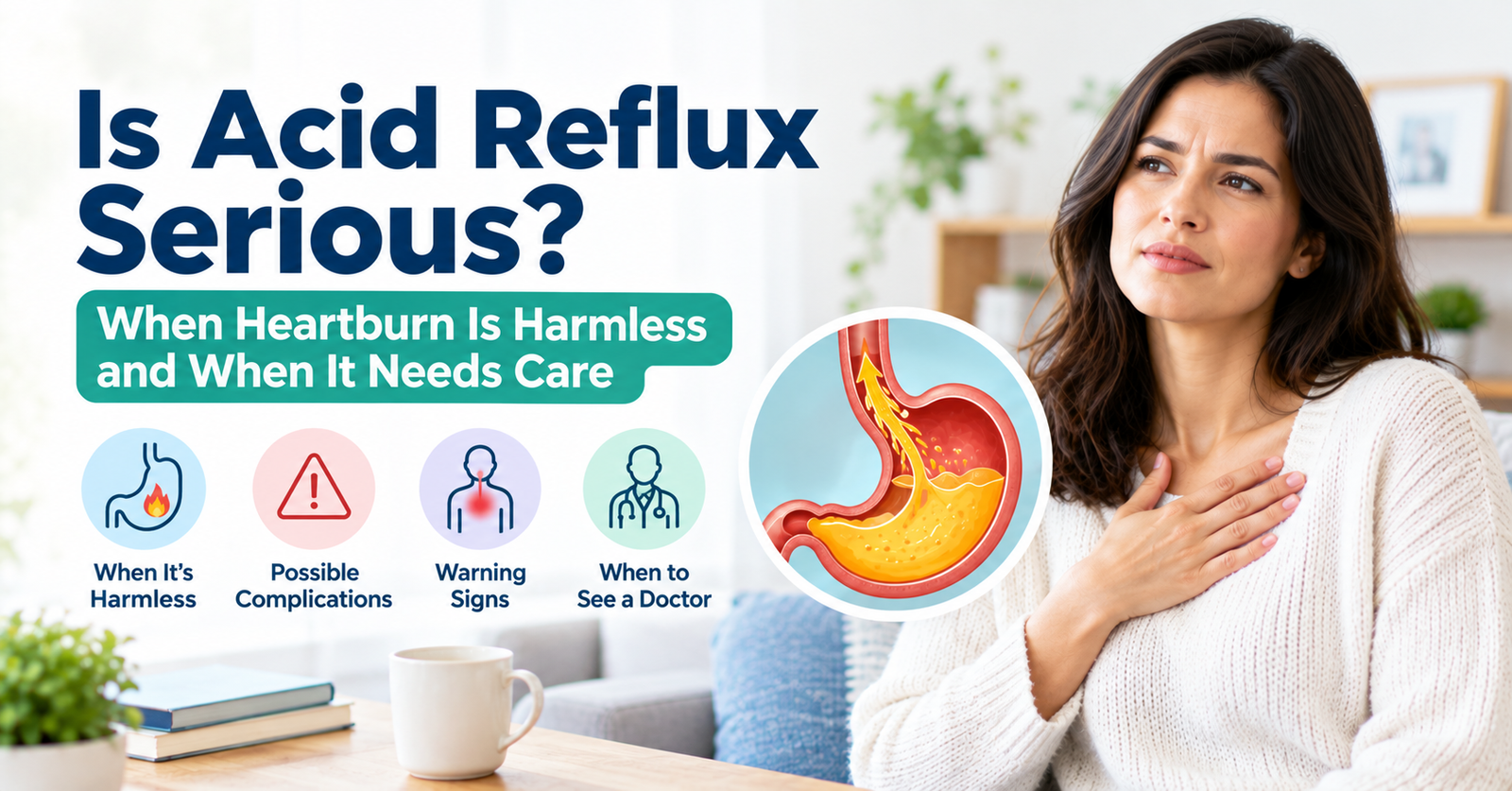 Woman experiencing heartburn beside a medical stomach illustration and icons for warning signs, complications, and when to see a doctor.