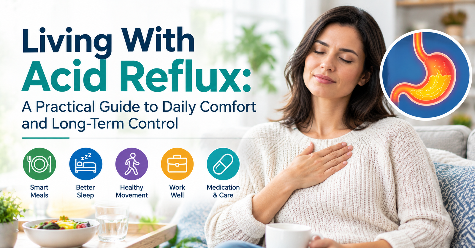 Woman managing acid reflux with practical tips for meals, sleep, exercise, and medication.