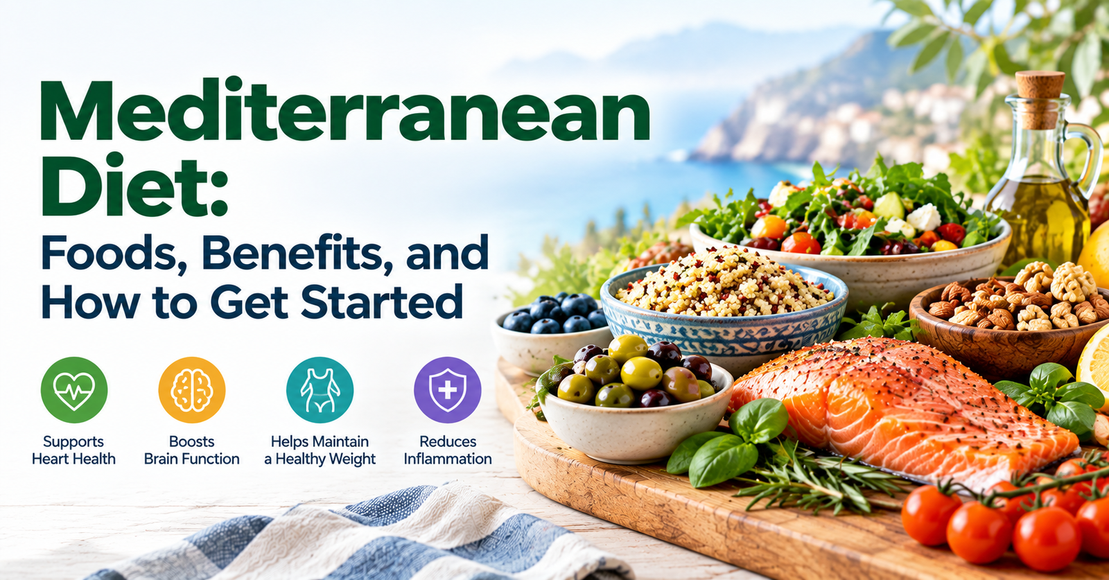 Mediterranean diet foods including salmon, olives, tomatoes, leafy greens, whole grains, nuts, berries, citrus, and olive oil on a wooden table.