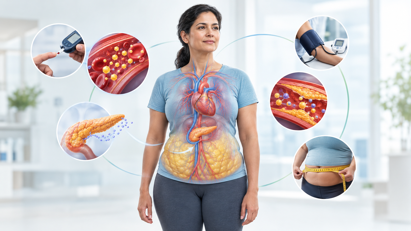 Medical illustration showing metabolic syndrome risk factors including blood glucose, blood pressure, cholesterol, and abdominal fat