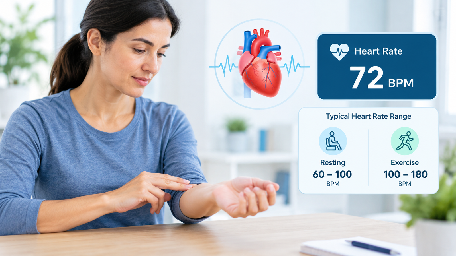 Person checking their pulse while monitoring a normal resting heart rate