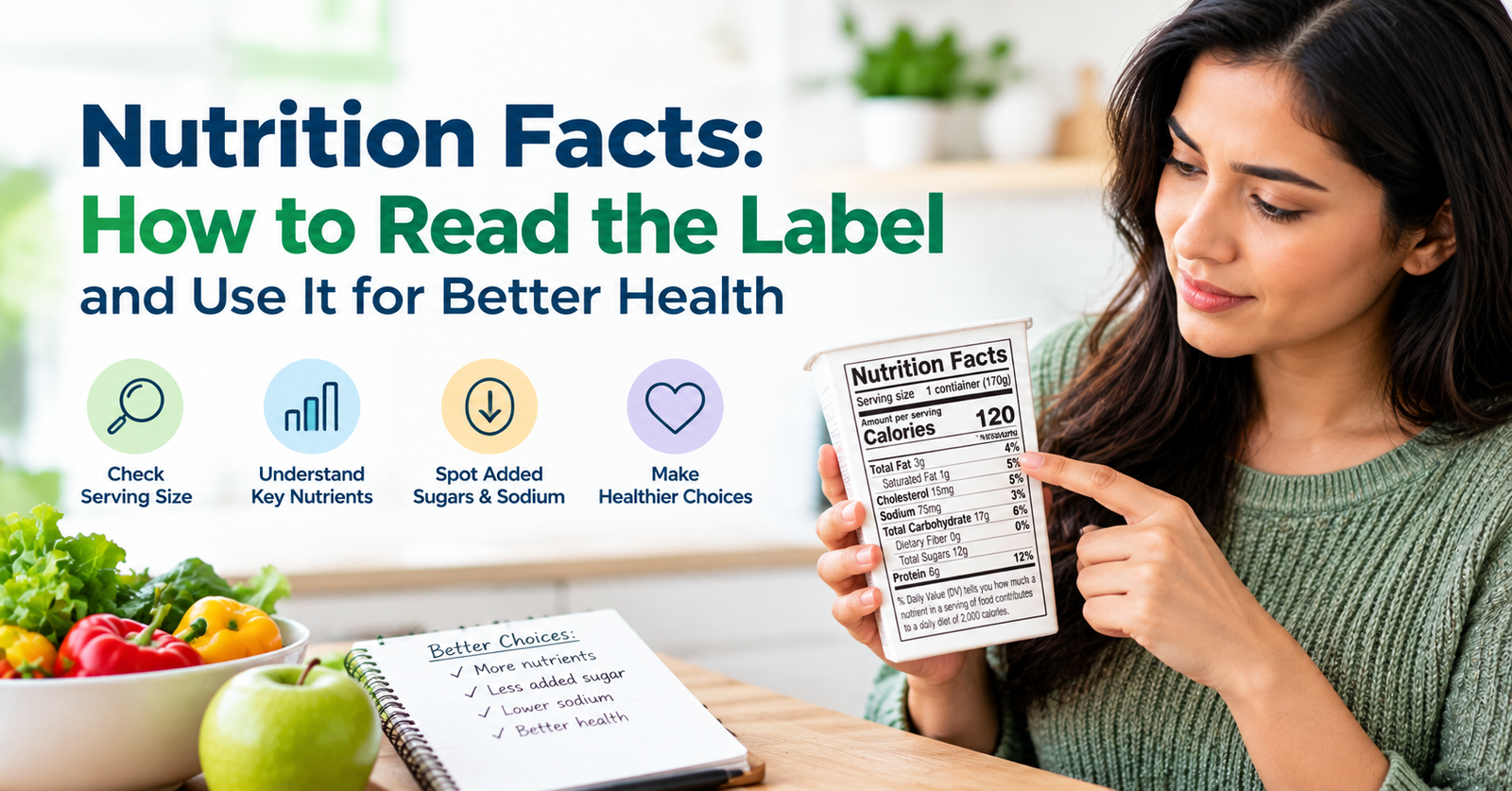 Woman reading a Nutrition Facts label while reviewing serving size, calories, nutrients, added sugars, and sodium for healthier food choices.
