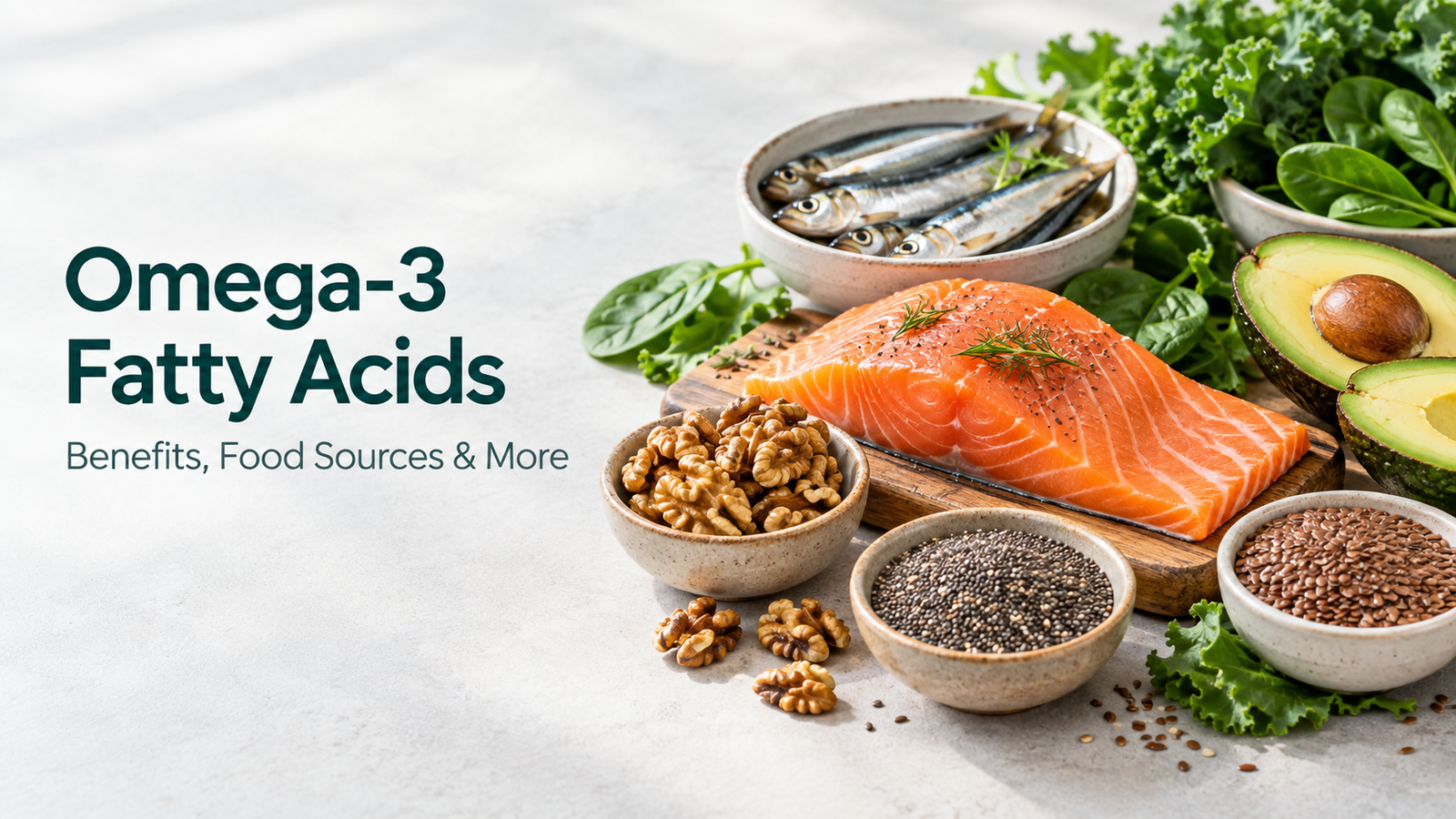Omega-3 fatty acid foods including salmon, sardines, chia seeds, flaxseeds, and walnuts