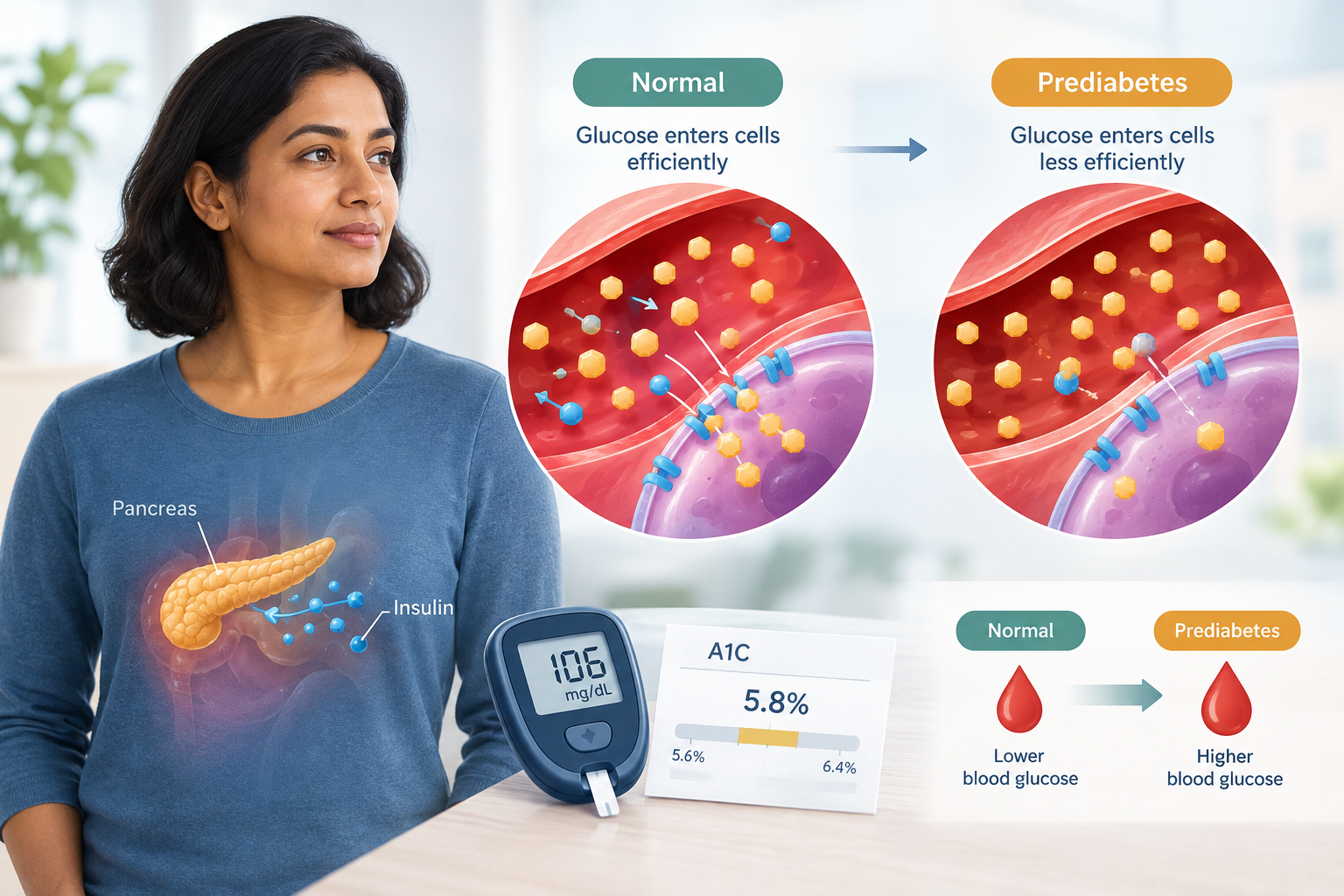 Medical illustration showing prediabetes, blood glucose, and diabetes prevention